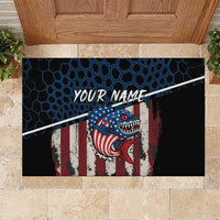 Aggressive Bass Fishing Rubber Doormat with American Flag Pattern on Grunge Hex Background - Wonder Print Shop