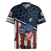Aggressive Bass Fishing Rugby Jersey with American Flag Pattern on Grunge Hex Background - Wonder Print Shop