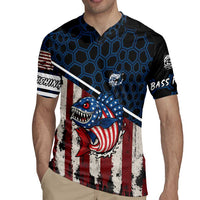 Aggressive Bass Fishing Rugby Jersey with American Flag Pattern on Grunge Hex Background - Wonder Print Shop