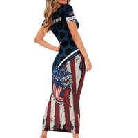 Aggressive Bass Fishing Short Sleeve Bodycon Dress with American Flag Pattern on Grunge Hex Background - Wonder Print Shop