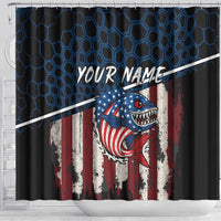 Aggressive Bass Fishing Shower Curtain with American Flag Pattern on Grunge Hex Background - Wonder Print Shop