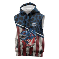 Aggressive Bass Fishing Sleeveless Hoodie with American Flag Pattern on Grunge Hex Background - Wonder Print Shop