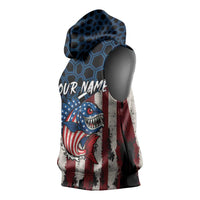 Aggressive Bass Fishing Sleeveless Hoodie with American Flag Pattern on Grunge Hex Background - Wonder Print Shop