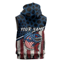 Aggressive Bass Fishing Sleeveless Zip Hoodie with American Flag Pattern on Grunge Hex Background - Wonder Print Shop