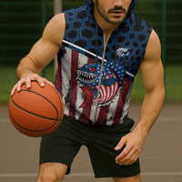 Aggressive Bass Fishing Sleeveless Zip Hoodie with American Flag Pattern on Grunge Hex Background - Wonder Print Shop