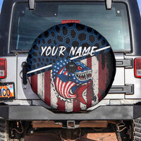 Aggressive Bass Fishing Spare Tire Cover with American Flag Pattern on Grunge Hex Background - Wonder Print Shop