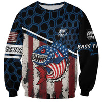 Aggressive Bass Fishing Sweatshirt with American Flag Pattern on Grunge Hex Background - Wonder Print Shop