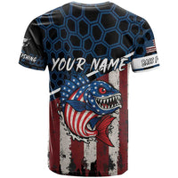 Aggressive Bass Fishing T Shirt with American Flag Pattern on Grunge Hex Background - Wonder Print Shop