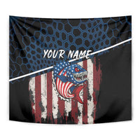 Aggressive Bass Fishing Tapestry with American Flag Pattern on Grunge Hex Background - Wonder Print Shop