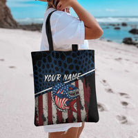 Aggressive Bass Fishing Tote Bag with American Flag Pattern on Grunge Hex Background - Wonder Print Shop