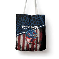 Aggressive Bass Fishing Tote Bag with American Flag Pattern on Grunge Hex Background - Wonder Print Shop