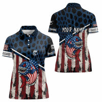 Aggressive Bass Fishing Women Polo Shirt with American Flag Pattern on Grunge Hex Background - Wonder Print Shop
