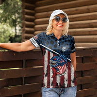 Aggressive Bass Fishing Women Polo Shirt with American Flag Pattern on Grunge Hex Background - Wonder Print Shop