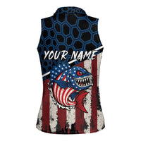 Aggressive Bass Fishing Women Sleeveless Polo Shirt with American Flag Pattern on Grunge Hex Background - Wonder Print Shop