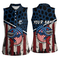 Aggressive Bass Fishing Women Sleeveless Polo Shirt with American Flag Pattern on Grunge Hex Background - Wonder Print Shop