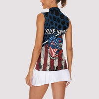 Aggressive Bass Fishing Women Sleeveless Polo Shirt with American Flag Pattern on Grunge Hex Background - Wonder Print Shop