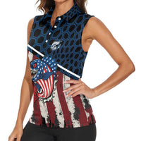 Aggressive Bass Fishing Women Sleeveless Polo Shirt with American Flag Pattern on Grunge Hex Background - Wonder Print Shop