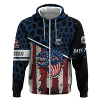 Aggressive Bass Fishing Zip Hoodie with American Flag Pattern on Grunge Hex Background - Wonder Print Shop