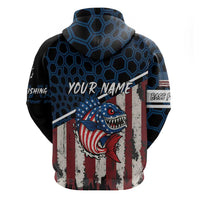 Aggressive Bass Fishing Zip Hoodie with American Flag Pattern on Grunge Hex Background - Wonder Print Shop