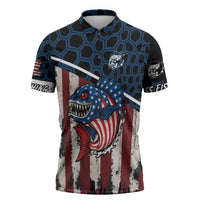 Aggressive Bass Fishing Zipper Polo Shirt with American Flag Pattern on Grunge Hex Background - Wonder Print Shop