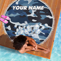 Blue Camouflage Pattern Beach Blanket with Bowling Pins and Ball Graphic Design - Wonder Print Shop