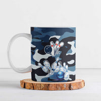 Blue Camouflage Pattern Ceramic Mug with Bowling Pins and Ball Graphic Design - Wonder Print Shop