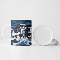 Blue Camouflage Pattern Ceramic Mug with Bowling Pins and Ball Graphic Design - Wonder Print Shop