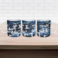 Blue Camouflage Pattern Ceramic Mug with Bowling Pins and Ball Graphic Design - Wonder Print Shop