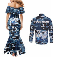 Blue Camouflage Pattern Couples Matching Mermaid Dress and Long Sleeve Button Shirt with Bowling Pins and Ball Graphic Design - Wonder Print Shop