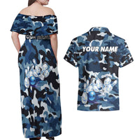Blue Camouflage Pattern Couples Matching Off Shoulder Maxi Dress and Hawaiian Shirt with Bowling Pins and Ball Graphic Design - Wonder Print Shop
