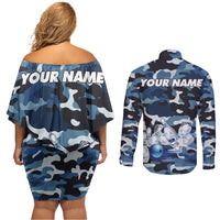 Blue Camouflage Pattern Couples Matching Off Shoulder Short Dress and Long Sleeve Button Shirt with Bowling Pins and Ball Graphic Design - Wonder Print Shop