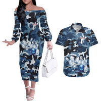 Blue Camouflage Pattern Couples Matching Off The Shoulder Long Sleeve Dress and Hawaiian Shirt with Bowling Pins and Ball Graphic Design - Wonder Print Shop
