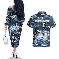 Blue Camouflage Pattern Couples Matching Off The Shoulder Long Sleeve Dress and Hawaiian Shirt with Bowling Pins and Ball Graphic Design - Wonder Print Shop