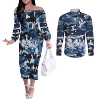 Blue Camouflage Pattern Couples Matching Off The Shoulder Long Sleeve Dress and Long Sleeve Button Shirt with Bowling Pins and Ball Graphic Design - Wonder Print Shop