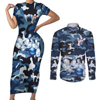Blue Camouflage Pattern Couples Matching Short Sleeve Bodycon Dress and Long Sleeve Button Shirt with Bowling Pins and Ball Graphic Design - Wonder Print Shop