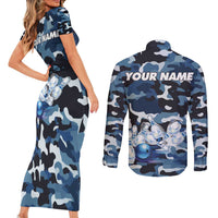 Blue Camouflage Pattern Couples Matching Short Sleeve Bodycon Dress and Long Sleeve Button Shirt with Bowling Pins and Ball Graphic Design - Wonder Print Shop
