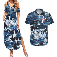 Blue Camouflage Pattern Couples Matching Summer Maxi Dress and Hawaiian Shirt with Bowling Pins and Ball Graphic Design - Wonder Print Shop