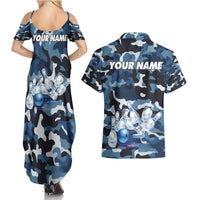 Blue Camouflage Pattern Couples Matching Summer Maxi Dress and Hawaiian Shirt with Bowling Pins and Ball Graphic Design - Wonder Print Shop