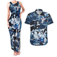 Blue Camouflage Pattern Couples Matching Tank Maxi Dress and Hawaiian Shirt with Bowling Pins and Ball Graphic Design - Wonder Print Shop