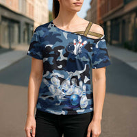 Blue Camouflage Pattern Cross Shoulder Shirt with Bowling Pins and Ball Graphic Design - Wonder Print Shop