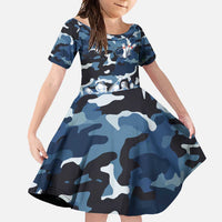Blue Camouflage Pattern Family Matching Long Sleeve Bodycon Dress and Hawaiian Shirt with Bowling Pins and Ball Graphic Design - Wonder Print Shop