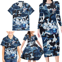 Blue Camouflage Pattern Family Matching Long Sleeve Bodycon Dress and Hawaiian Shirt with Bowling Pins and Ball Graphic Design - Wonder Print Shop
