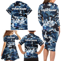 Blue Camouflage Pattern Family Matching Long Sleeve Bodycon Dress and Hawaiian Shirt with Bowling Pins and Ball Graphic Design - Wonder Print Shop