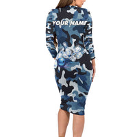 Blue Camouflage Pattern Family Matching Long Sleeve Bodycon Dress and Hawaiian Shirt with Bowling Pins and Ball Graphic Design - Wonder Print Shop