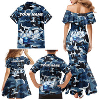 Blue Camouflage Pattern Family Matching Mermaid Dress and Hawaiian Shirt with Bowling Pins and Ball Graphic Design - Wonder Print Shop