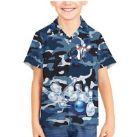 Blue Camouflage Pattern Family Matching Mermaid Dress and Hawaiian Shirt with Bowling Pins and Ball Graphic Design - Wonder Print Shop