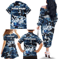 Blue Camouflage Pattern Family Matching Off The Shoulder Long Sleeve Dress and Hawaiian Shirt with Bowling Pins and Ball Graphic Design - Wonder Print Shop