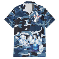 Blue Camouflage Pattern Family Matching Off The Shoulder Long Sleeve Dress and Hawaiian Shirt with Bowling Pins and Ball Graphic Design - Wonder Print Shop