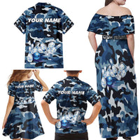 Blue Camouflage Pattern Family Matching Off Shoulder Maxi Dress and Hawaiian Shirt with Bowling Pins and Ball Graphic Design - Wonder Print Shop