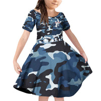 Blue Camouflage Pattern Family Matching Off Shoulder Short Dress and Hawaiian Shirt with Bowling Pins and Ball Graphic Design - Wonder Print Shop